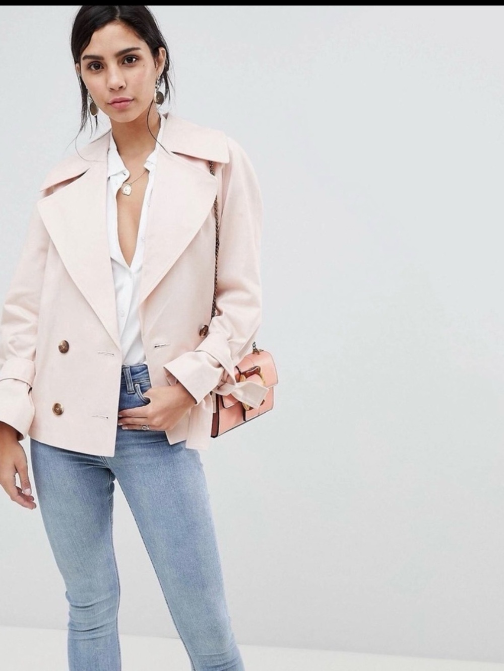 ASOS Blush Pink Cropped Trench Coat Jacket US 0 NWT Tie Sleeve Double Breasted